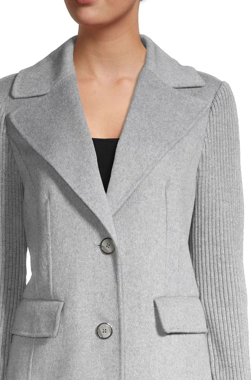 New Tahari Anna Wool Coat Gray Single Breasted Pocket Ribbed Knit Sleeve Sz M